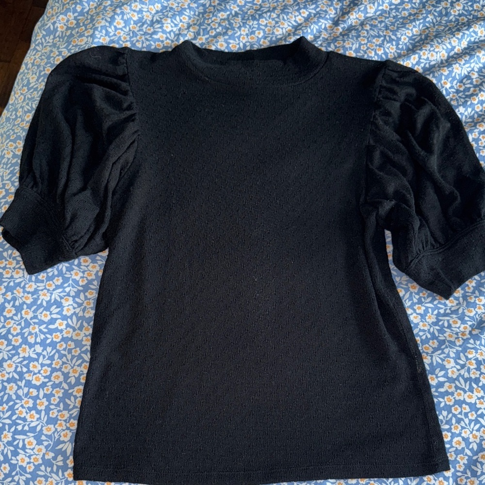 Free People Black Textured Puff Sleeve Blouse
